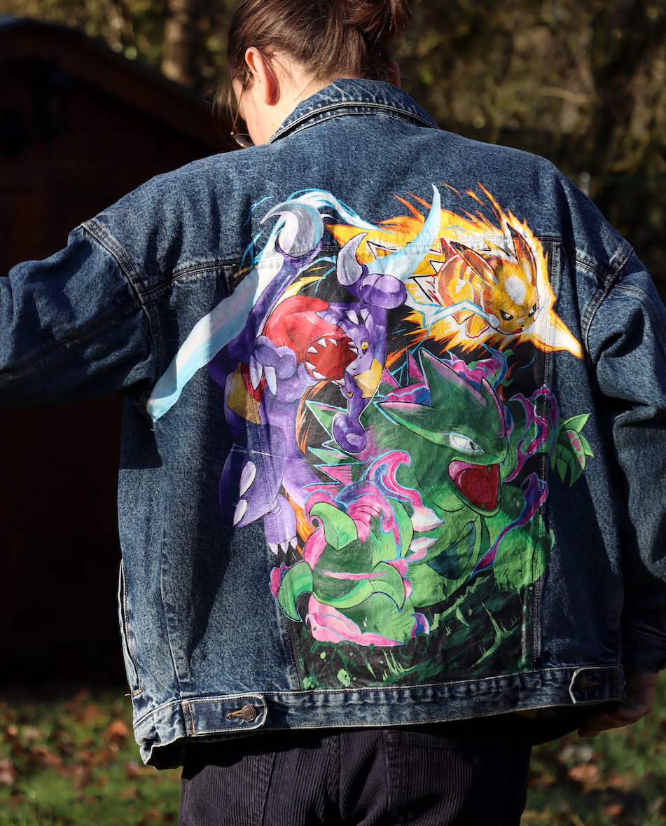 Custom Pokemon -Pikachu, Carchacrok & Tyranocif / Handmade painting Jacket veste customisée art