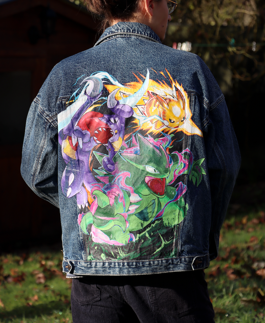 Custom Pokemon -Pikachu, Carchacrok & Tyranocif / Handmade painting Jacket veste customisée art
