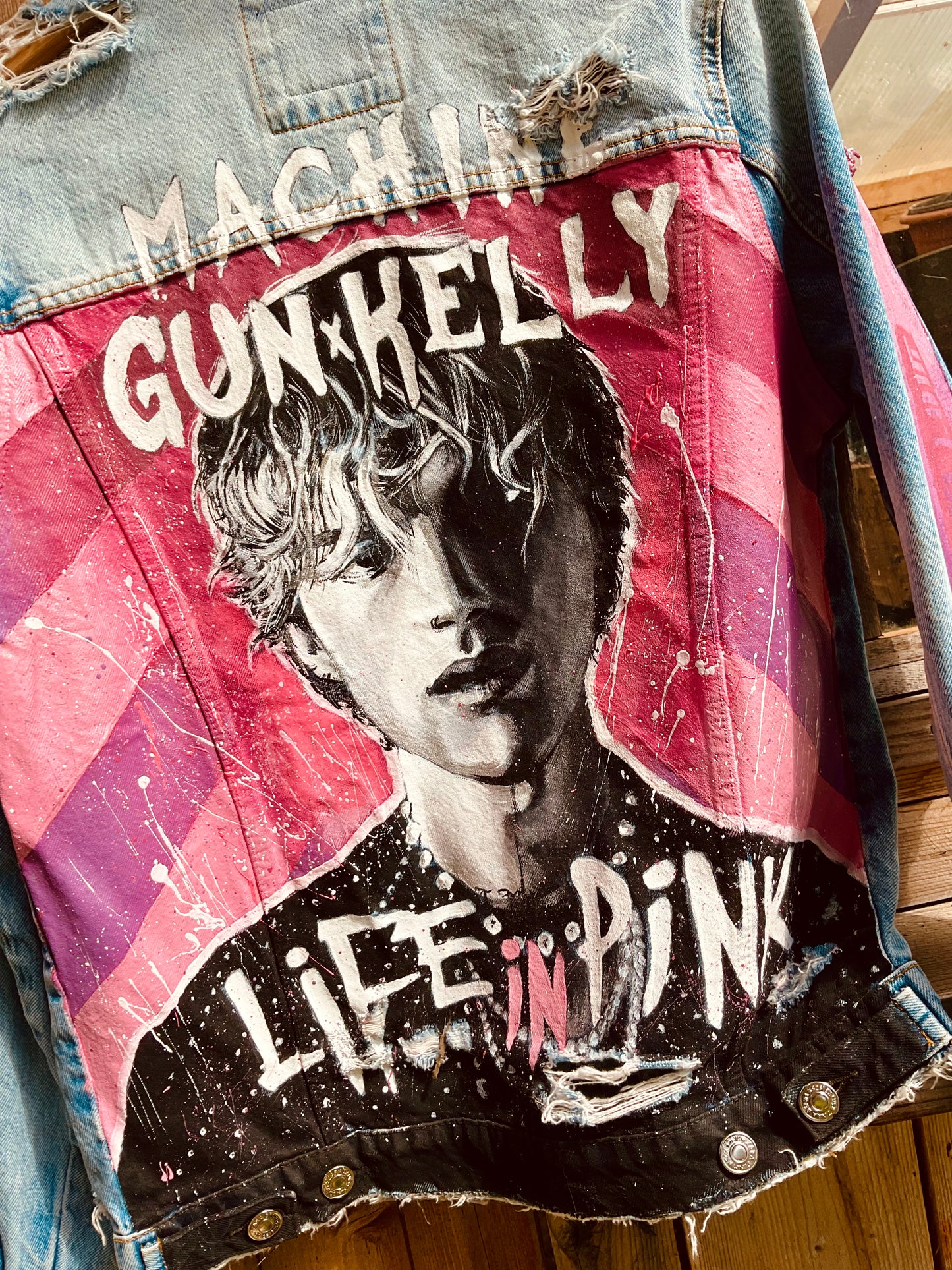 Custom Machine Gun Kelly - Life in Pink / Handmade painting Jacket veste customisée art